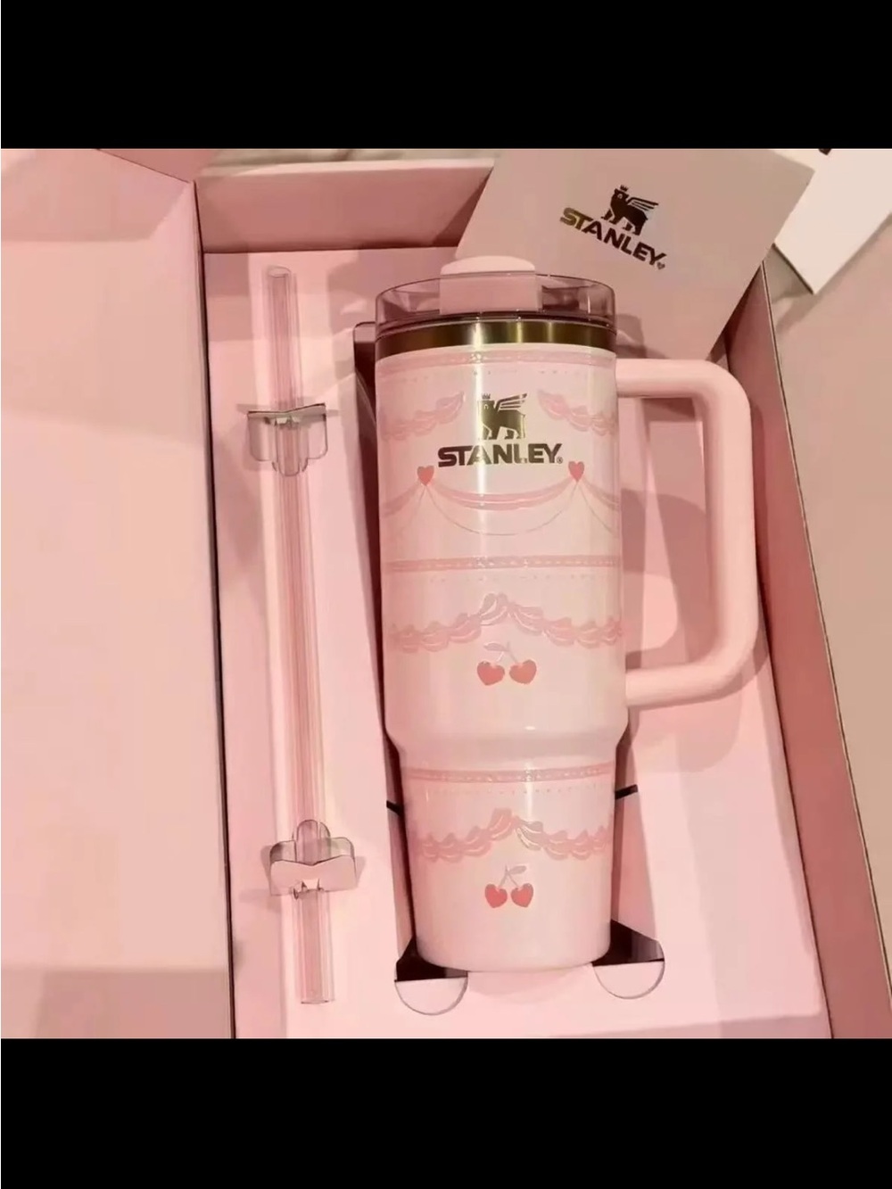 Stanley Pink Cherry Pattern Insulated Travel Mug with Straw